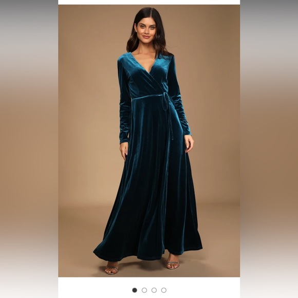 Lulu’s Jacinda Teal Blue Velvet Wrap Maxi Dress - Picture 1 of 6